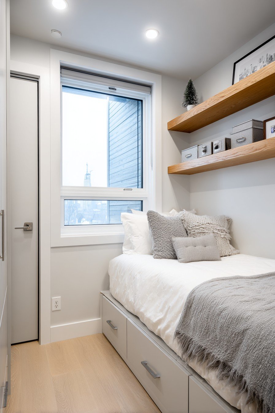 Grey pocket door with recessed nickel pull in a small bedroom with twin storage bed and floating shelves