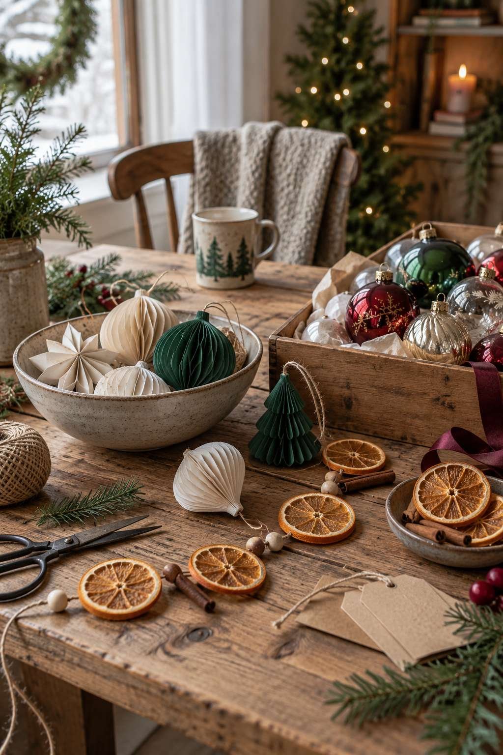 Handmade and store-bought Christmas ornaments side by side