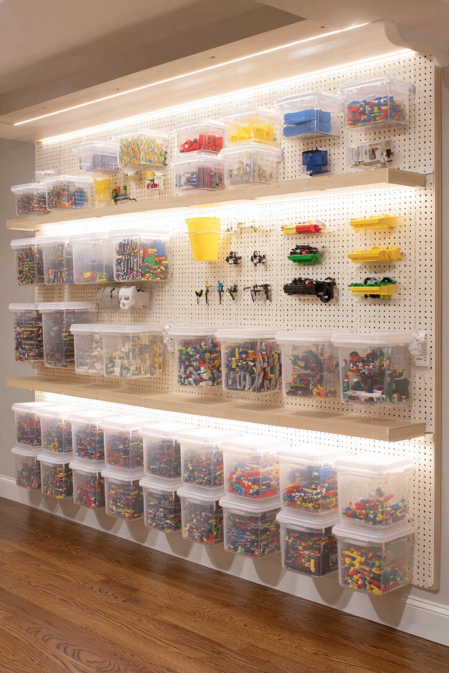 White pegboard wall with hanging clear Lego bins, buckets, mounted baseplates and LED strip lighting in a basement