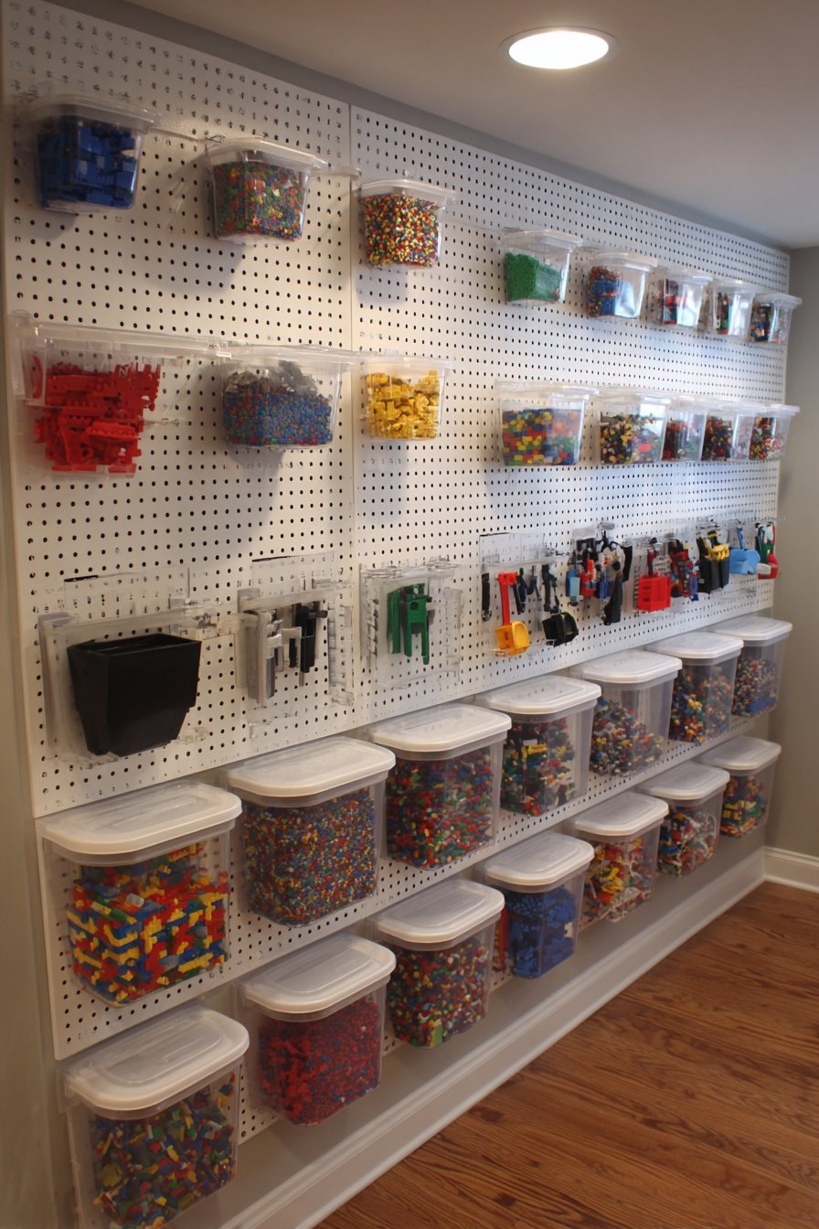 White pegboard wall with hanging clear Lego bins, buckets, mounted baseplates and LED strip lighting in a basement
