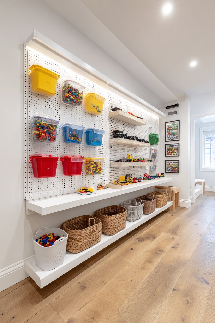 White pegboard wall with hanging clear Lego bins, buckets, mounted baseplates and LED strip lighting in a basement