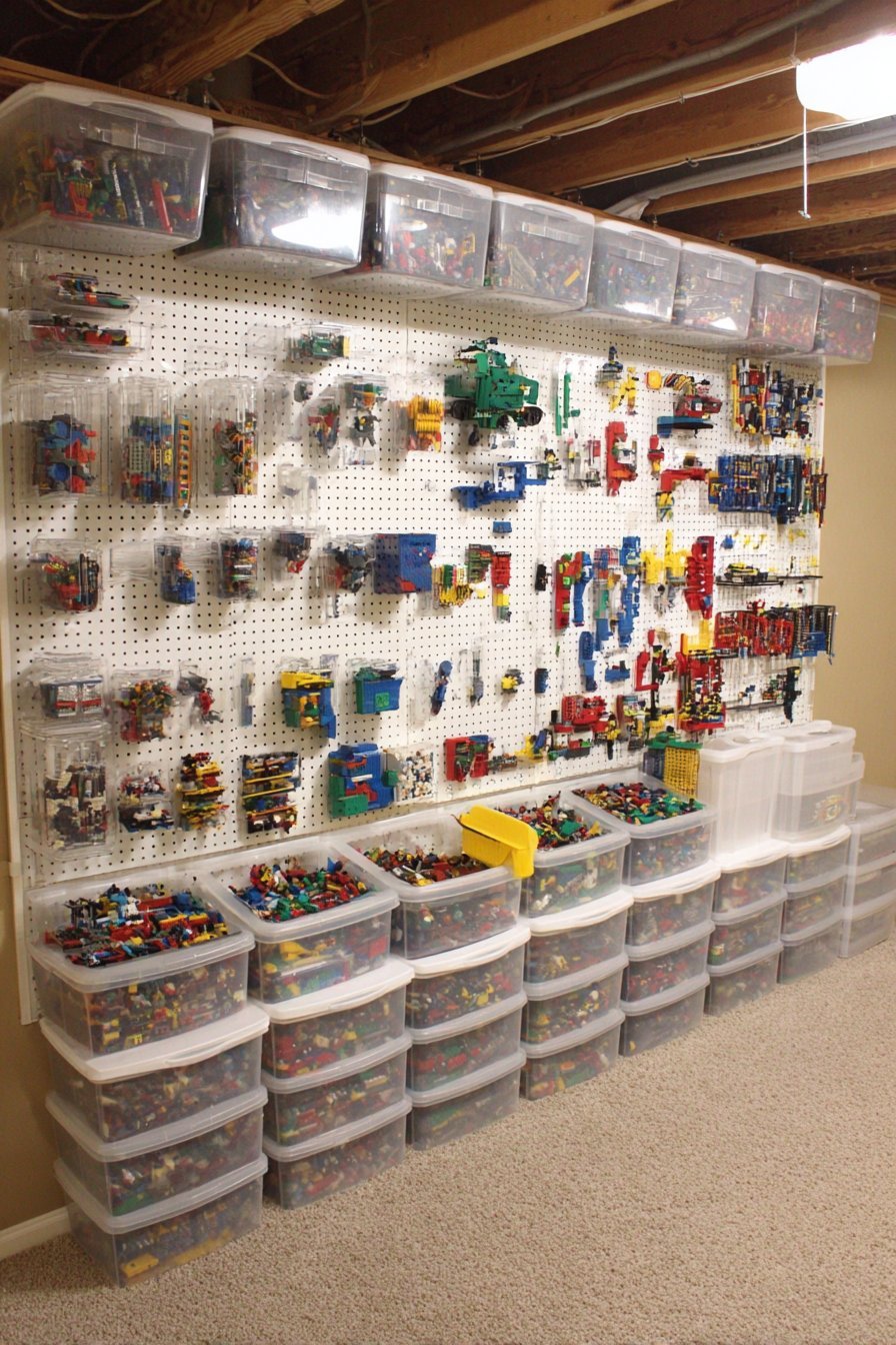 White pegboard wall with hanging clear Lego bins, buckets, mounted baseplates and LED strip lighting in a basement