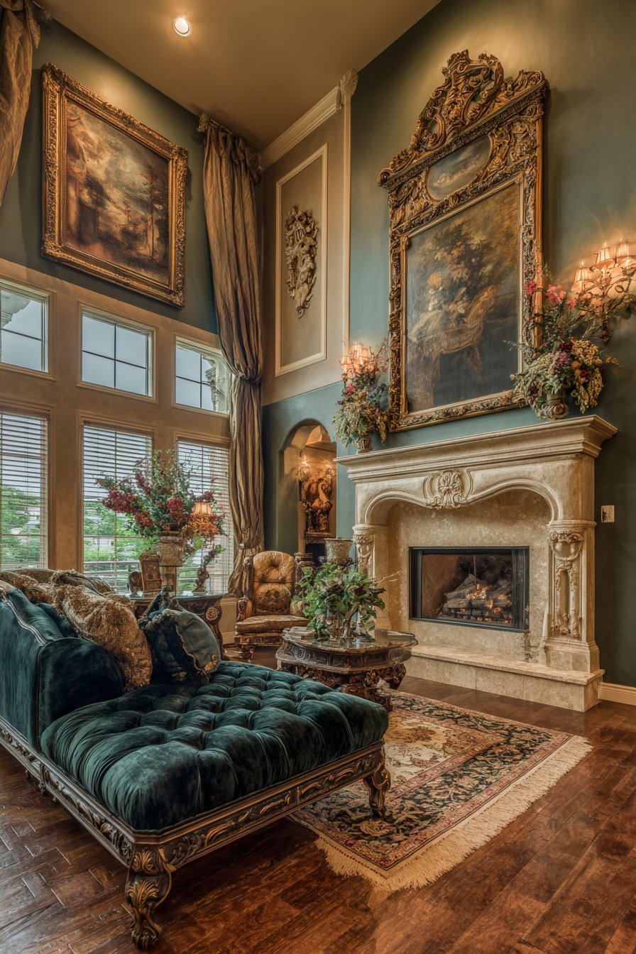 Traditional living room with gilded mirror over marble mantel, oil paintings and emerald tufted velvet sofa