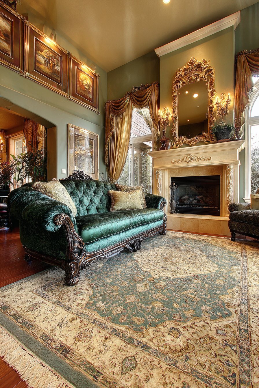 Traditional living room with gilded mirror over marble mantel, oil paintings and emerald tufted velvet sofa