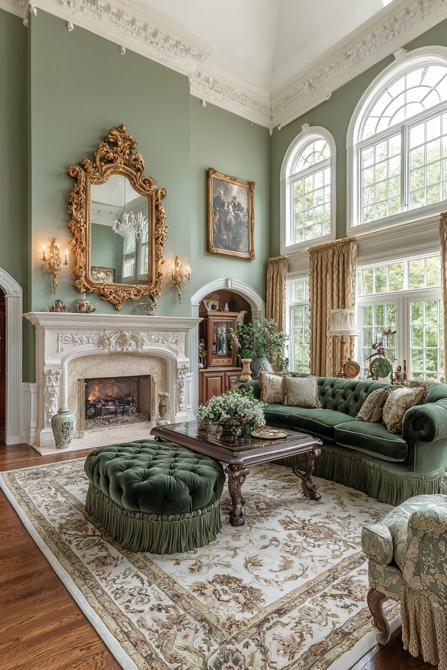Traditional living room with gilded mirror over marble mantel, oil paintings and emerald tufted velvet sofa