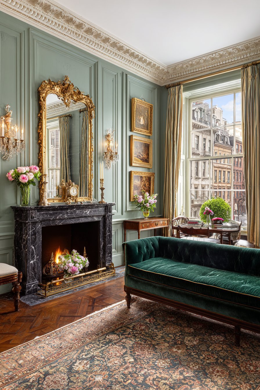 Traditional living room with gilded mirror over marble mantel, oil paintings and emerald tufted velvet sofa