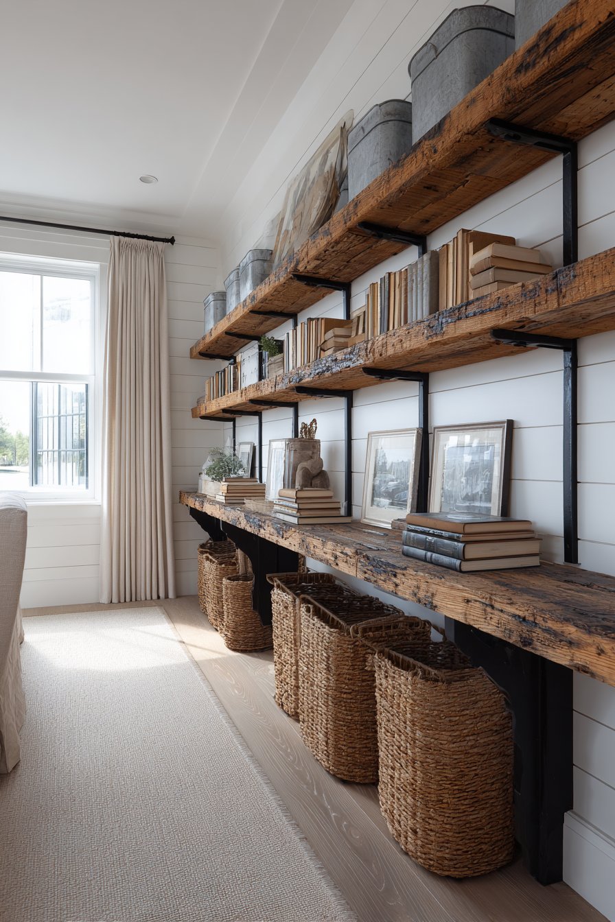 Reclaimed barn wood open shelves on black brackets with galvanized containers and baskets against white shiplap
