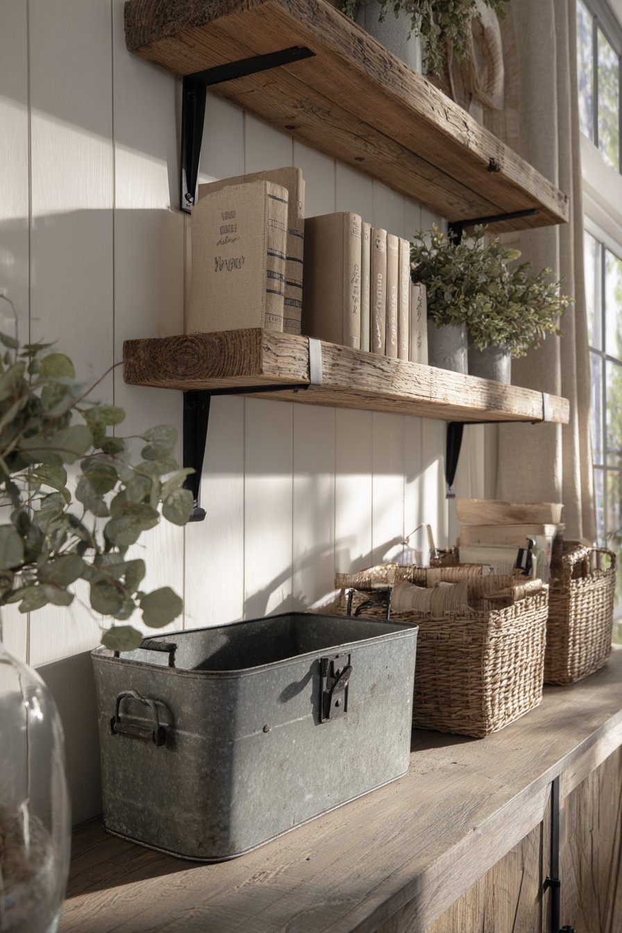 Reclaimed barn wood open shelves on black brackets with galvanized containers and baskets against white shiplap