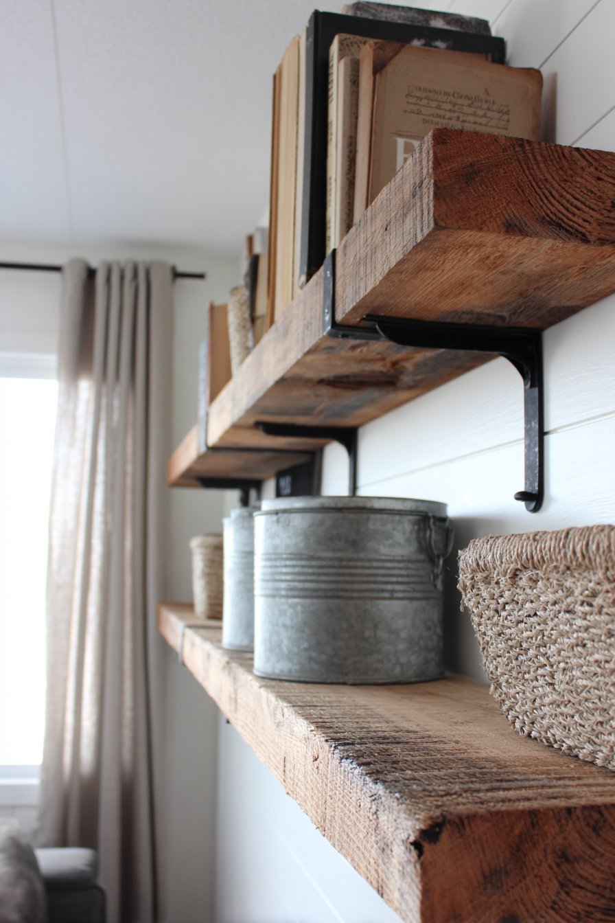 Reclaimed barn wood open shelves on black brackets with galvanized containers and baskets against white shiplap