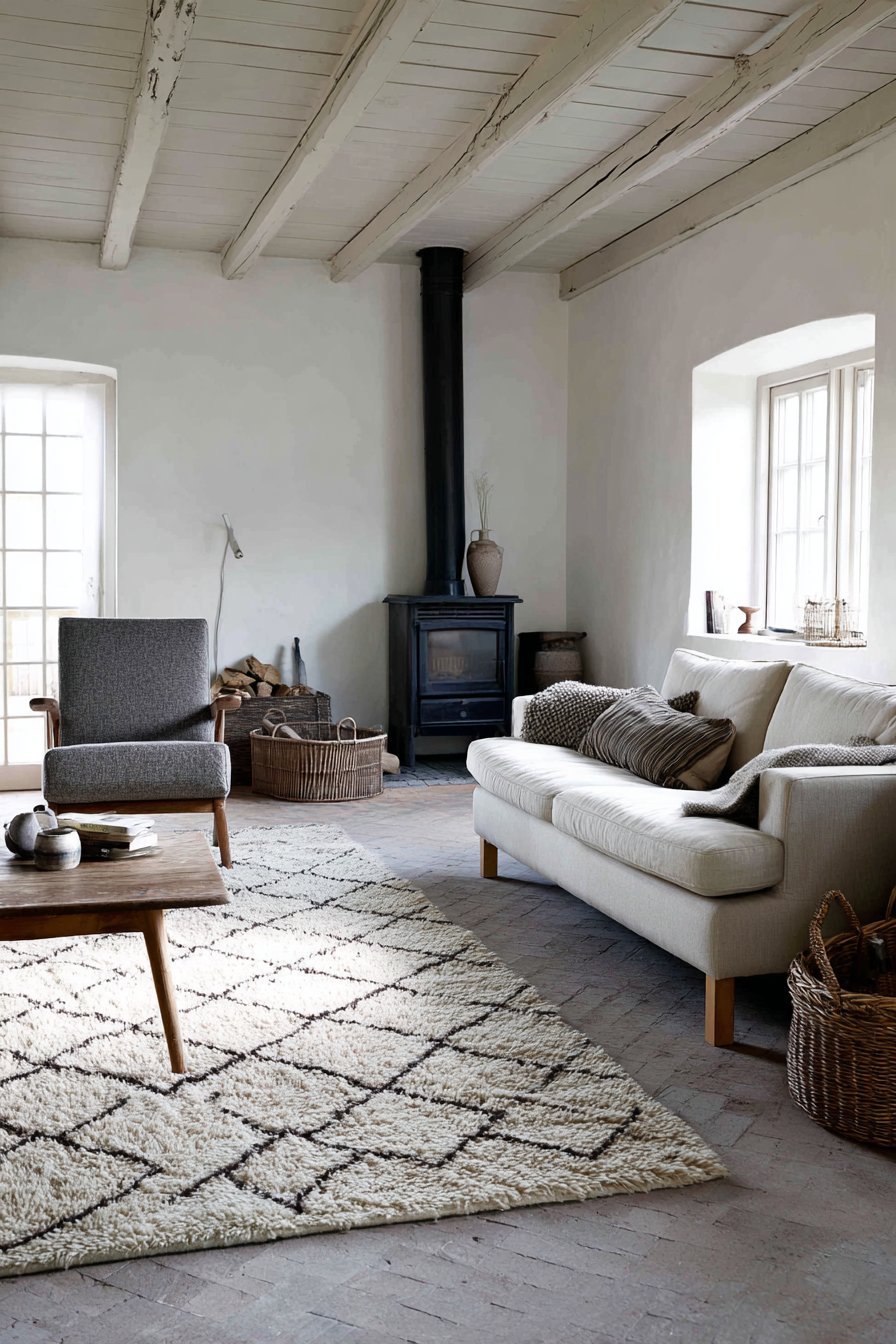 Matte black wood-burning stove on stone hearth with charcoal armchair, cream sofa and white ceiling beams