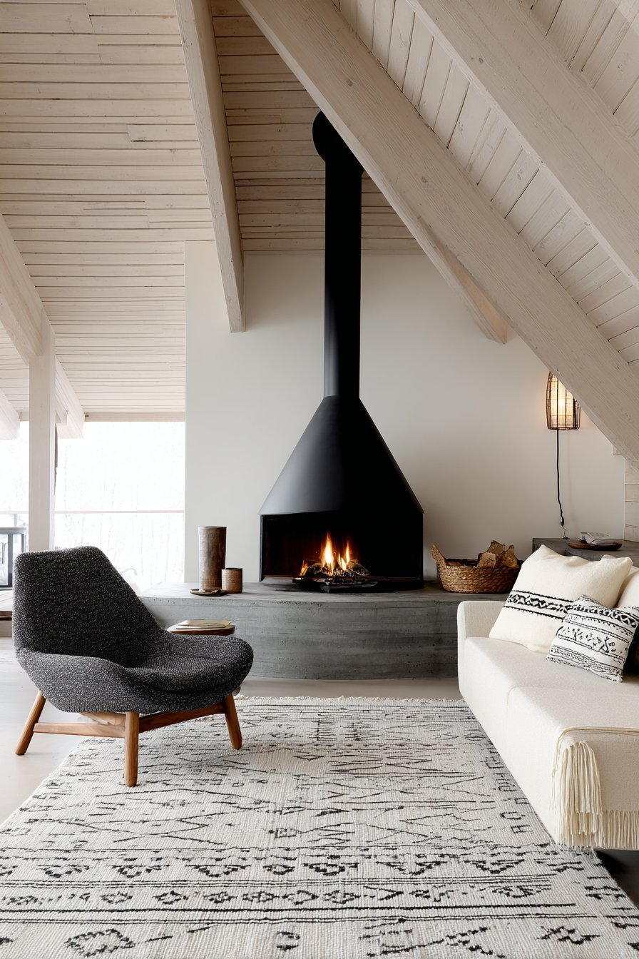 Matte black wood-burning stove on stone hearth with charcoal armchair, cream sofa and white ceiling beams