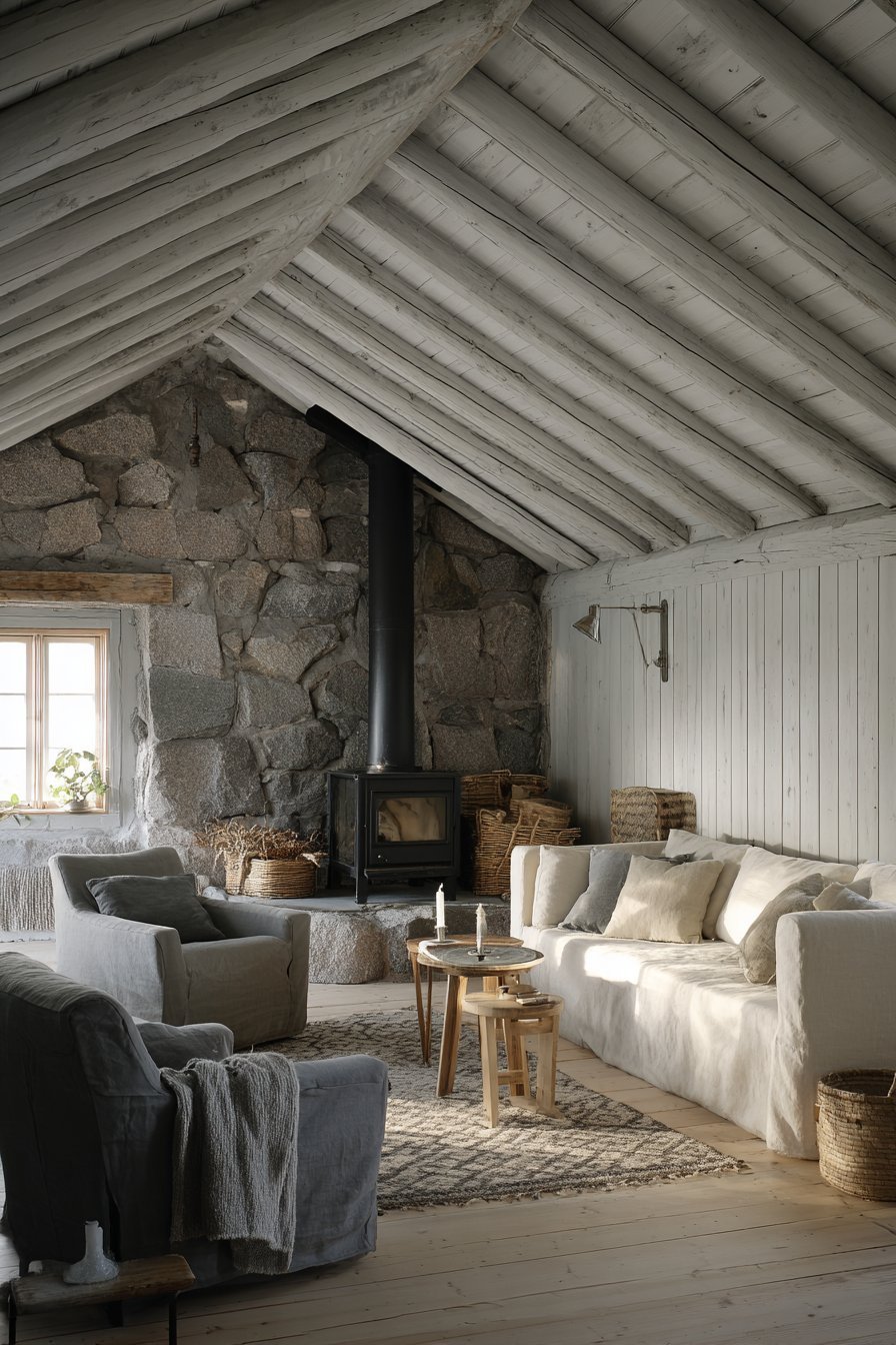 Matte black wood-burning stove on stone hearth with charcoal armchair, cream sofa and white ceiling beams
