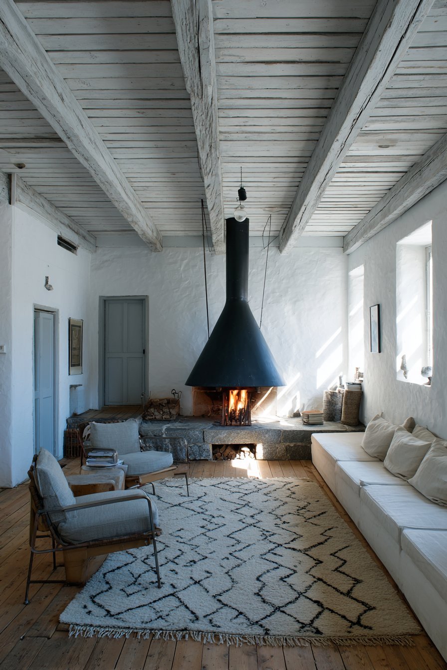 Matte black wood-burning stove on stone hearth with charcoal armchair, cream sofa and white ceiling beams