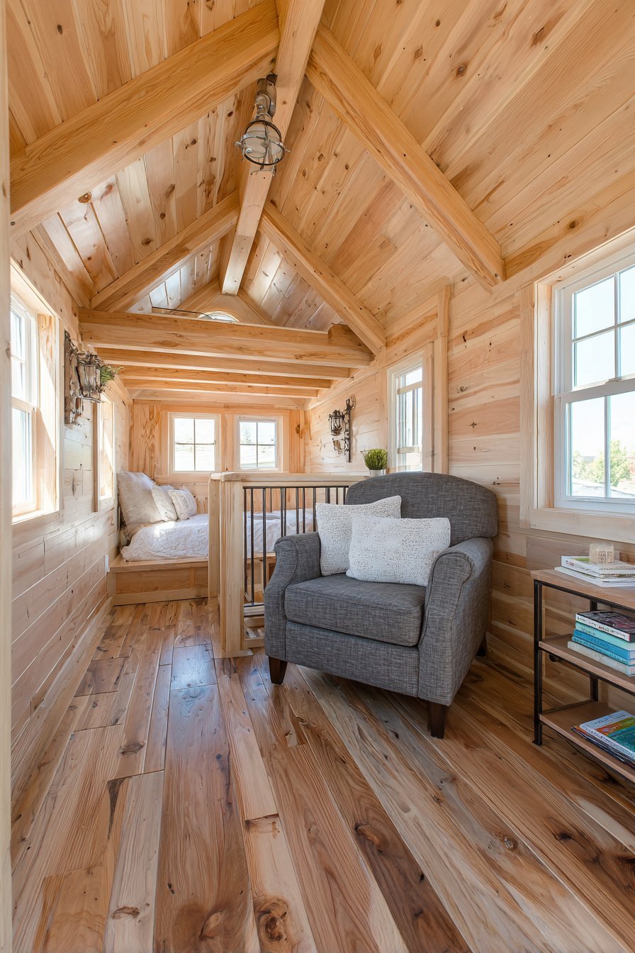 Pine loft bed with reading nook below, charcoal armchair and small bookshelf in a compact bedroom