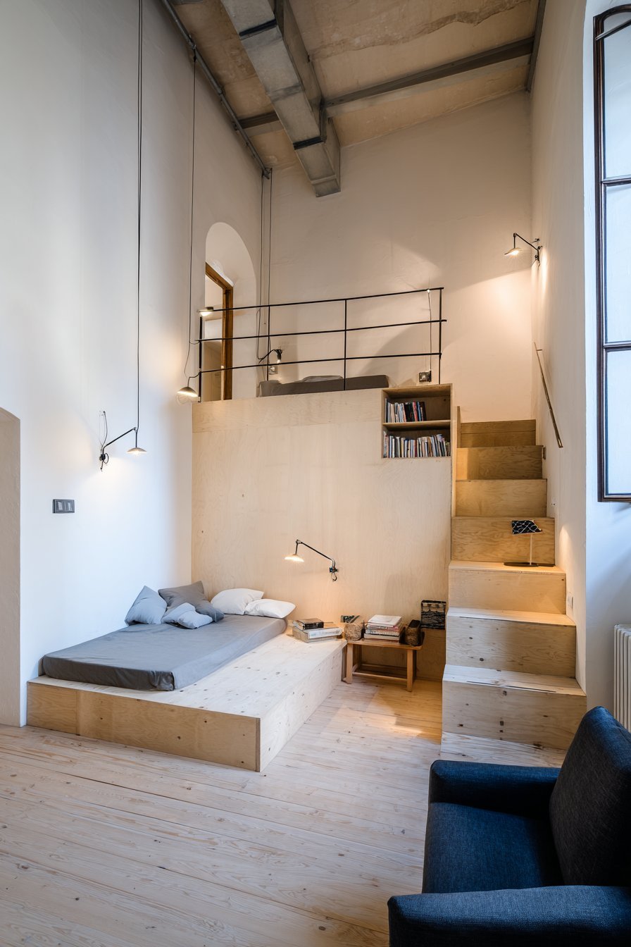 Pine loft bed with reading nook below, charcoal armchair and small bookshelf in a compact bedroom