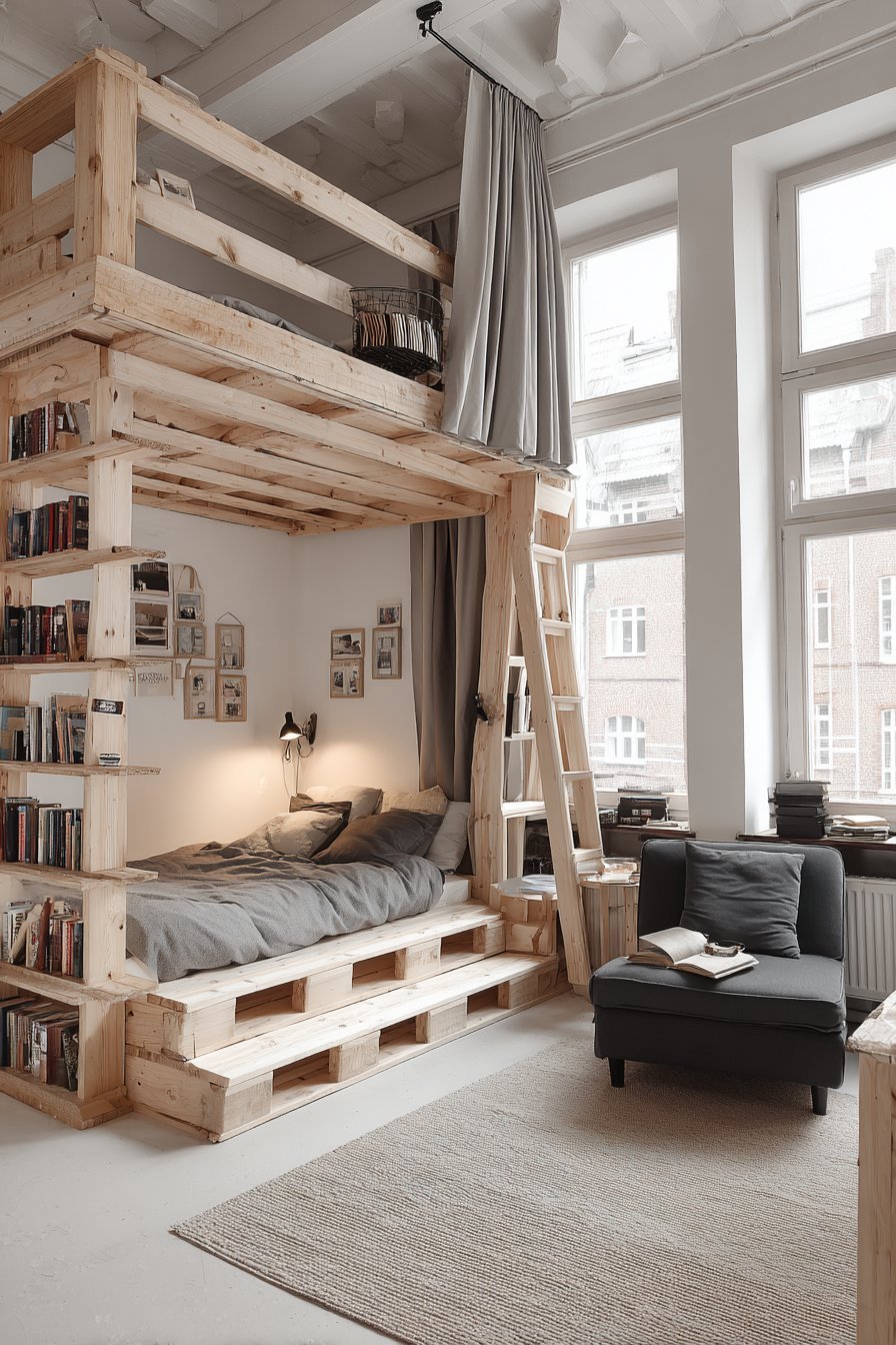 Pine loft bed with reading nook below, charcoal armchair and small bookshelf in a compact bedroom