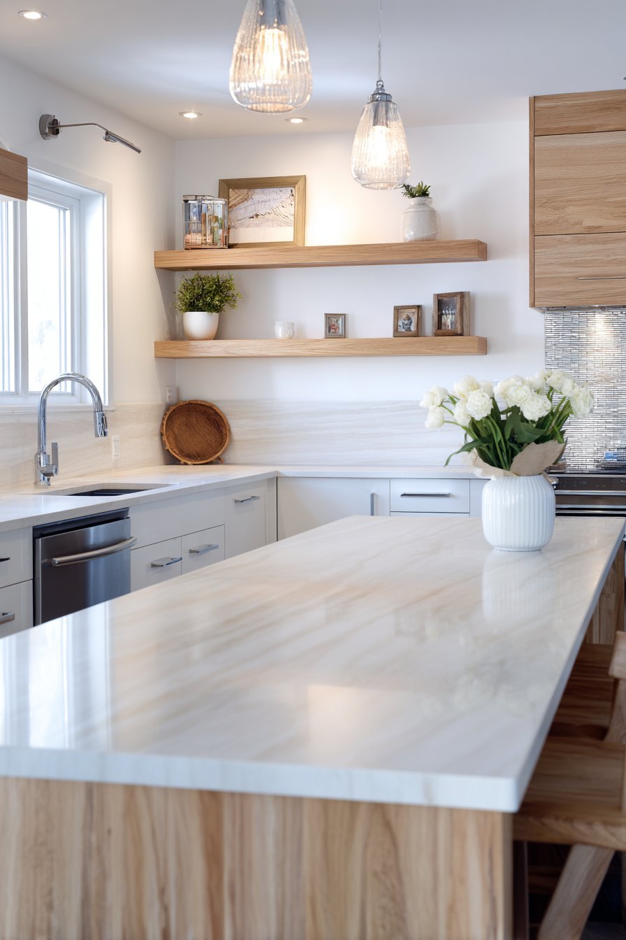 Glossy white kitchen cabinets with mirrored backsplash, wood floating shelves and quartz breakfast bar