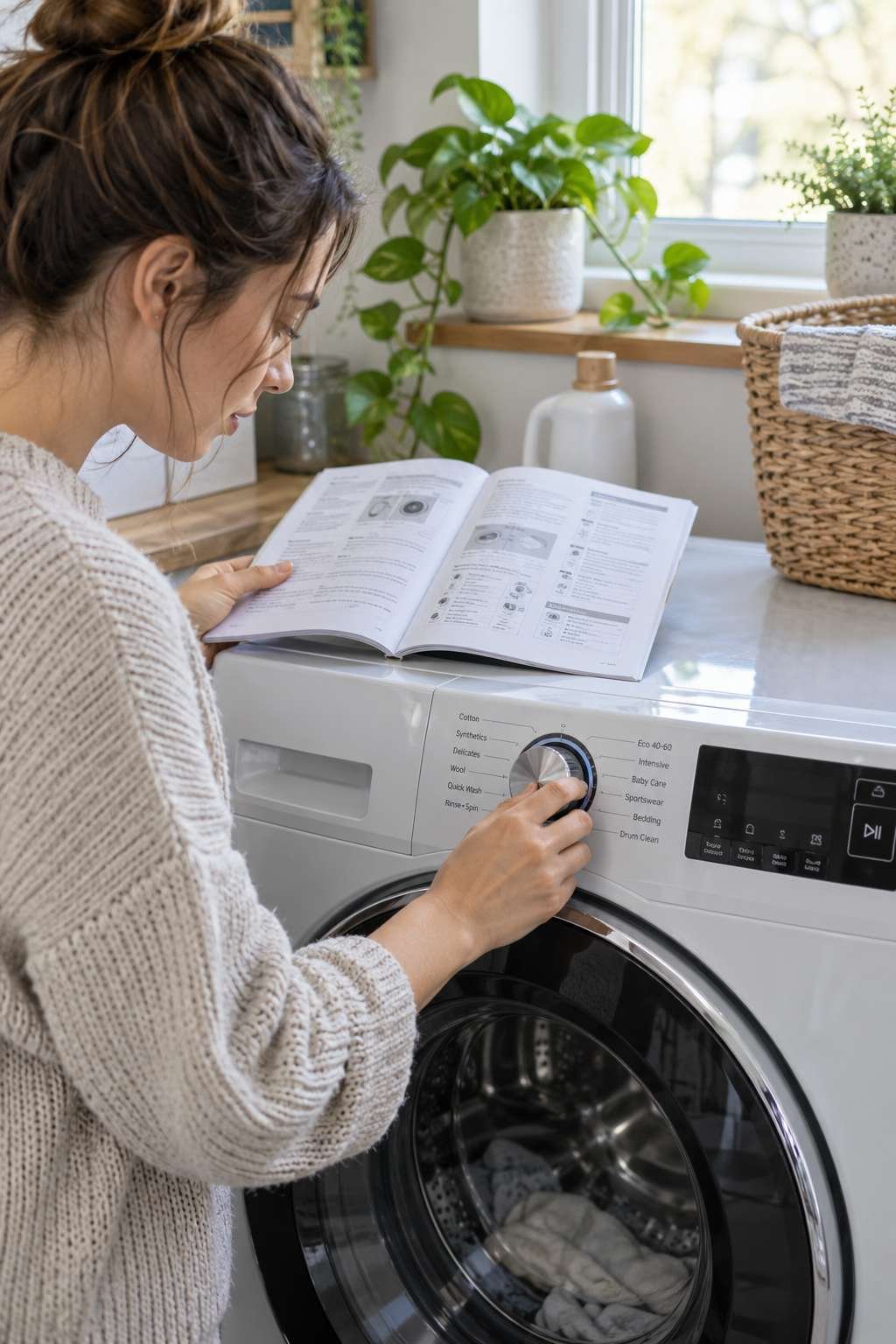 Hands adjusting settings on a new washing machine while reading instructions