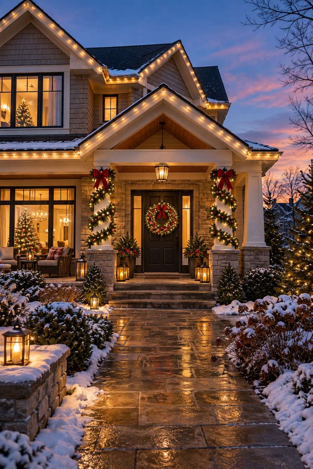 House exterior decorated with outdoor Christmas lighting