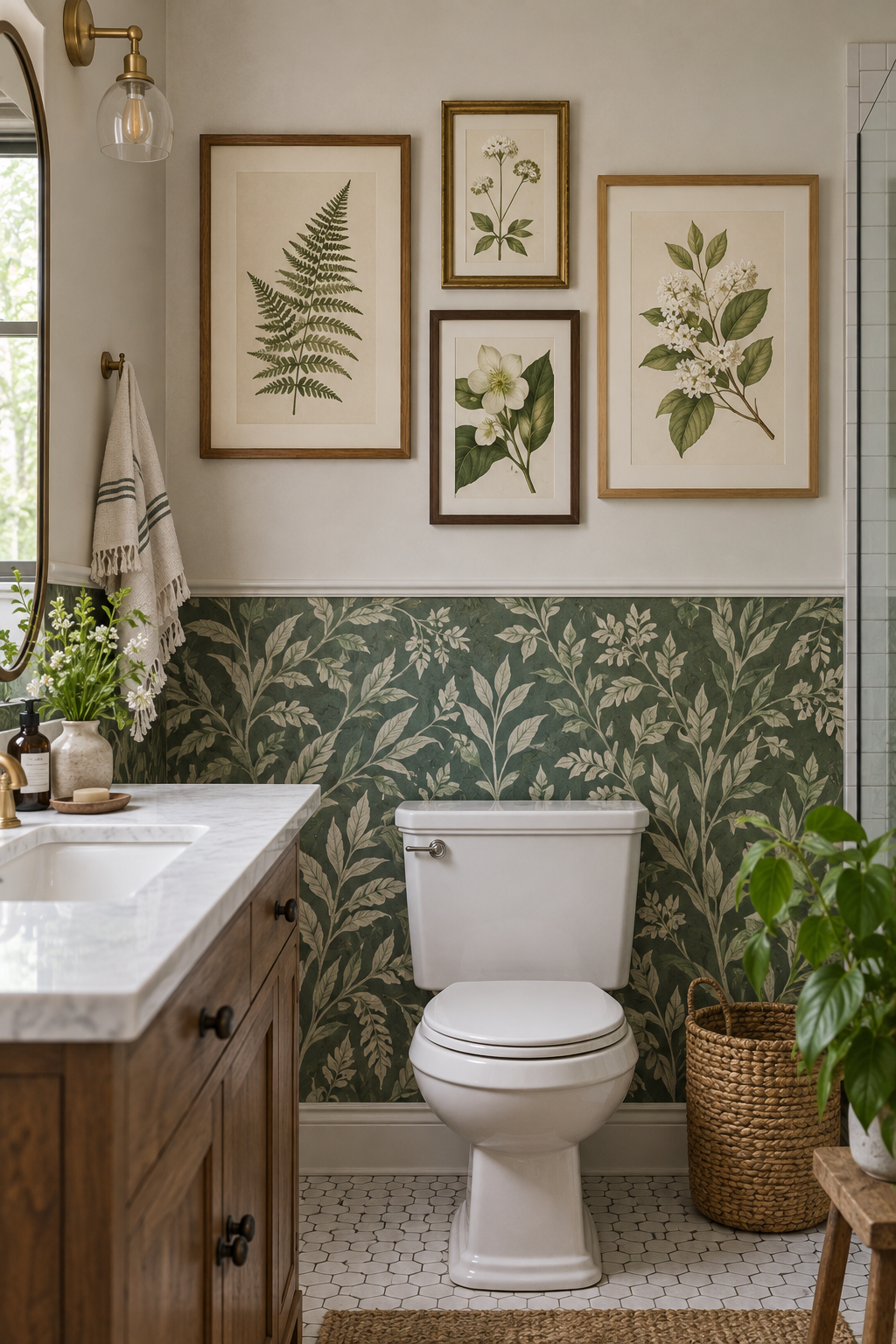 Gallery wall styling with framed prints and accent wallpaper