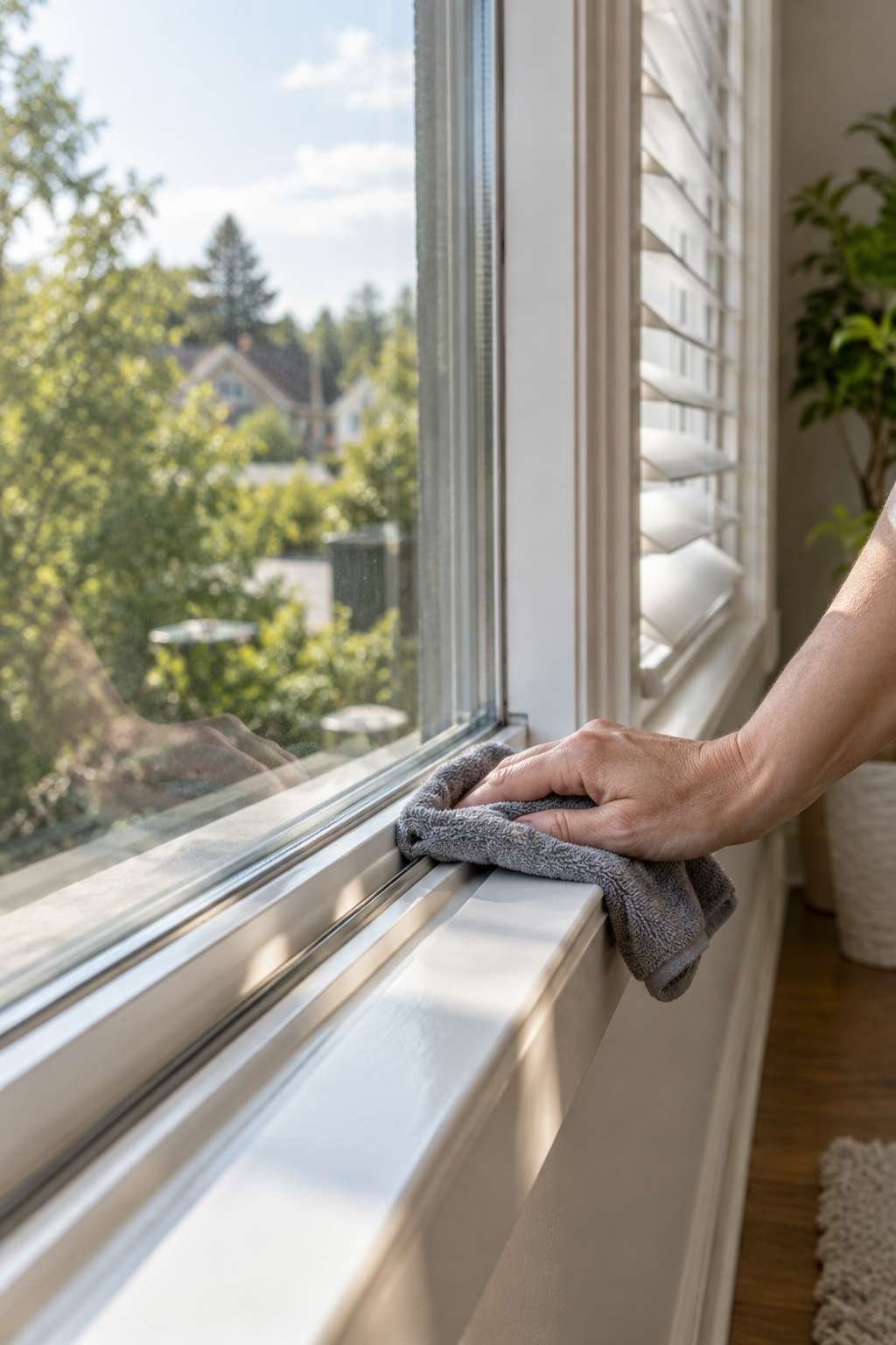 Cleaning a window sill and track as part of a deep clean