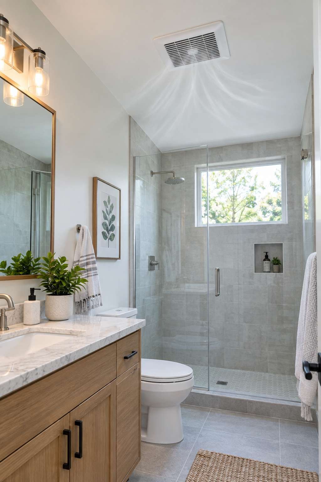 Bathroom exhaust fan running to help prevent mold from returning