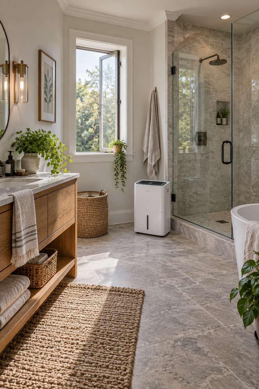 Bathroom with cracked window and dehumidifier improving ventilation