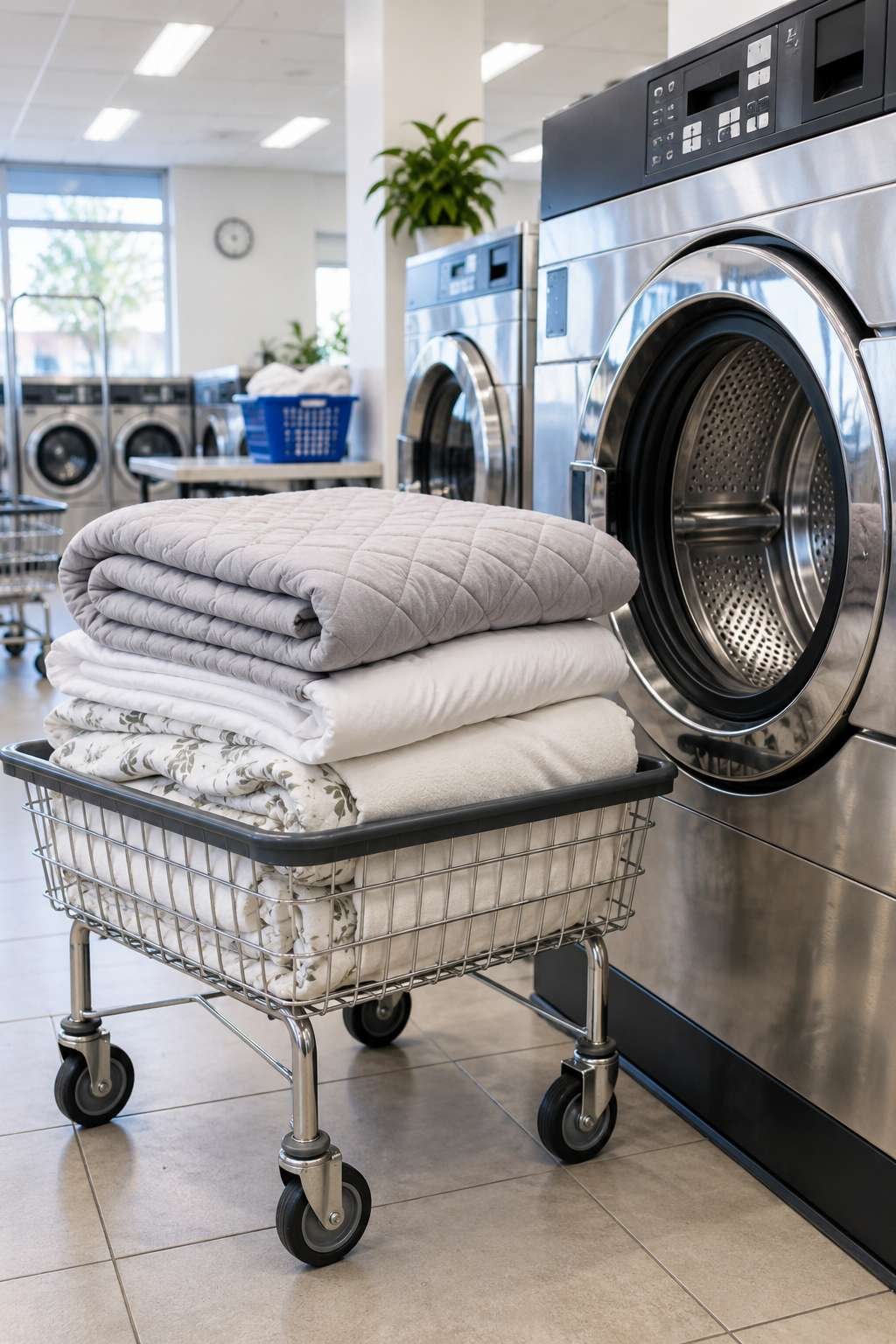 Mattress pad and bedding beside a large washing machine