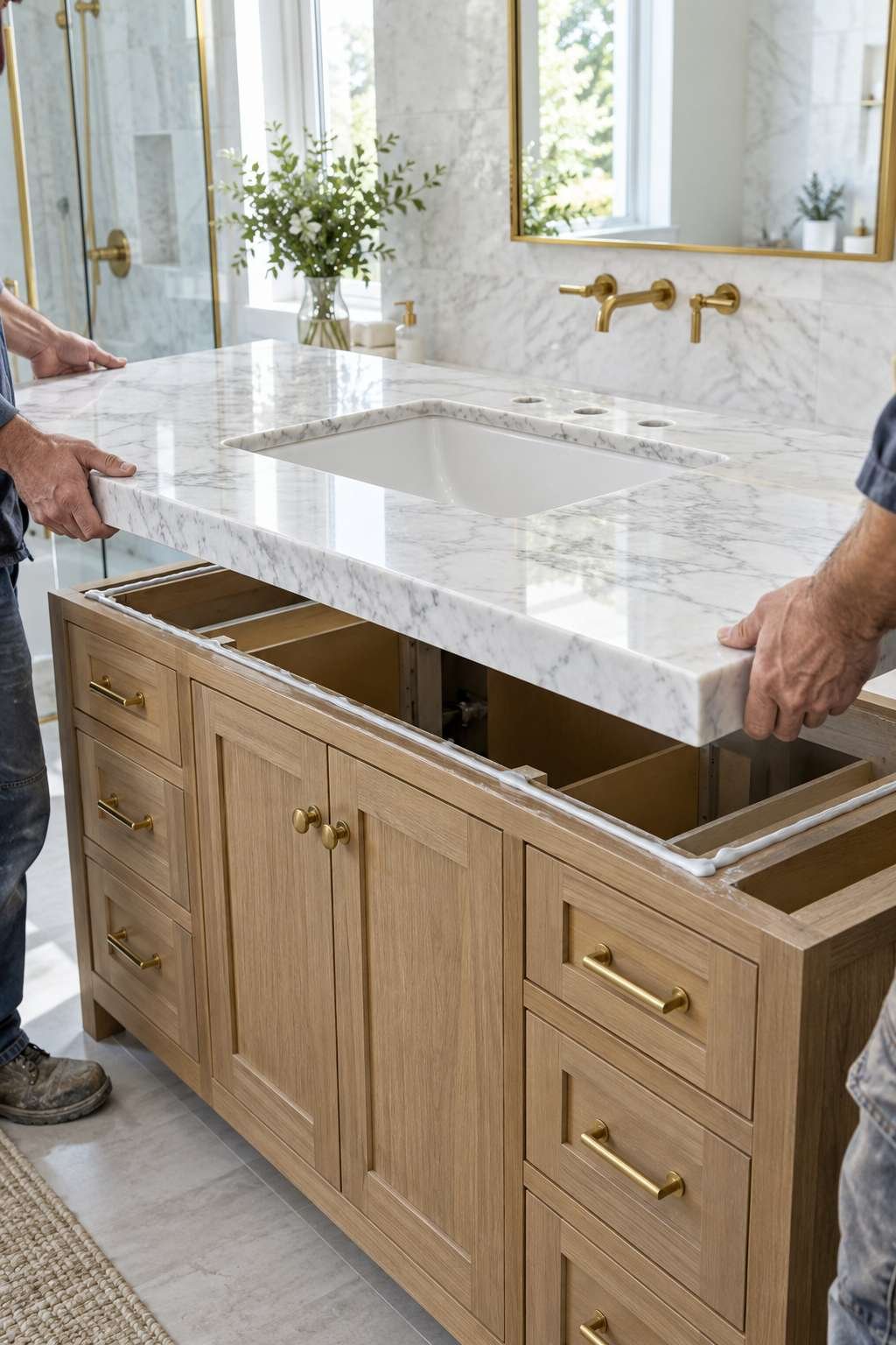 Marble countertop with sink being installed onto a new bathroom vanity