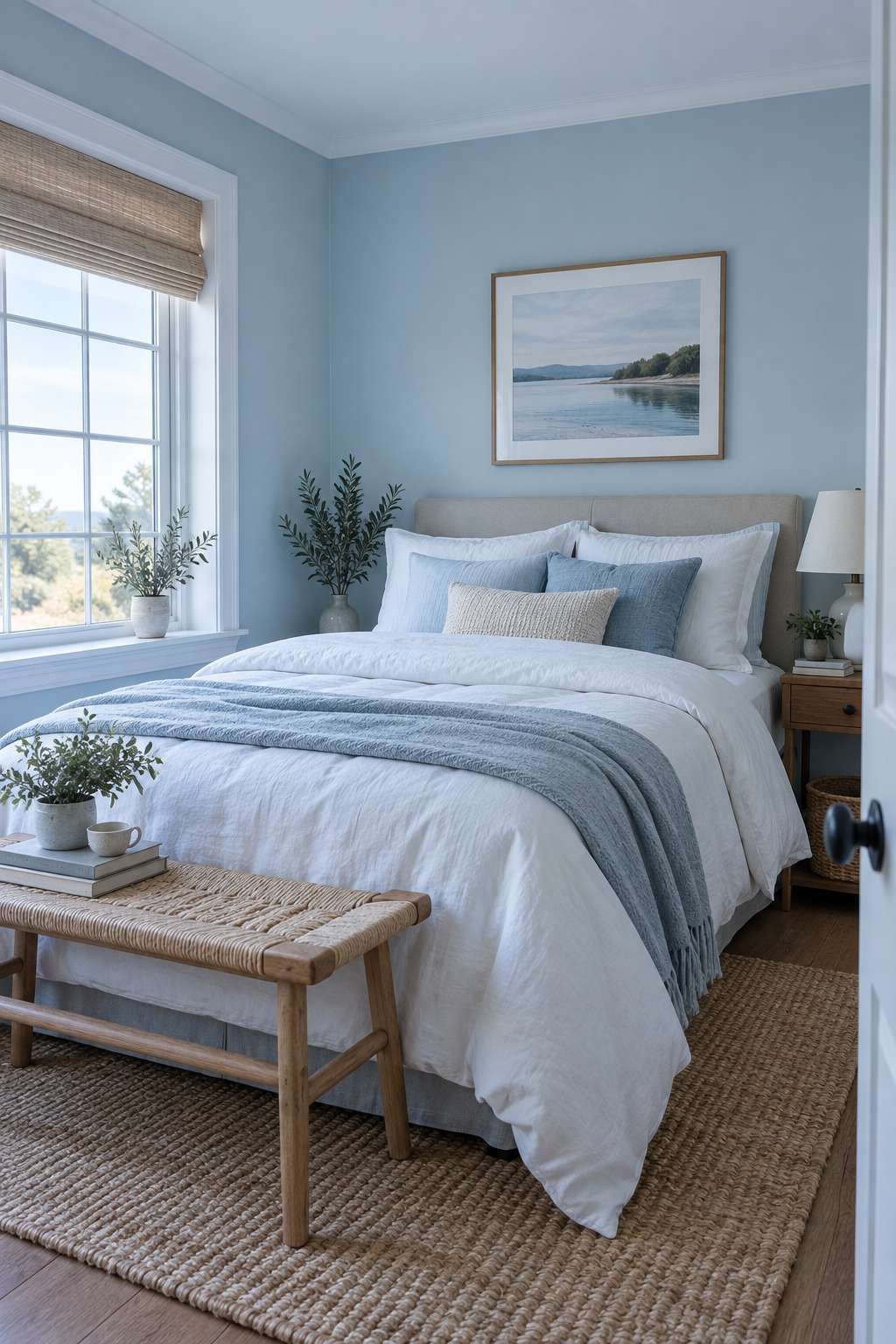 Cool-toned bedroom paint scheme paired with light minimal bedding