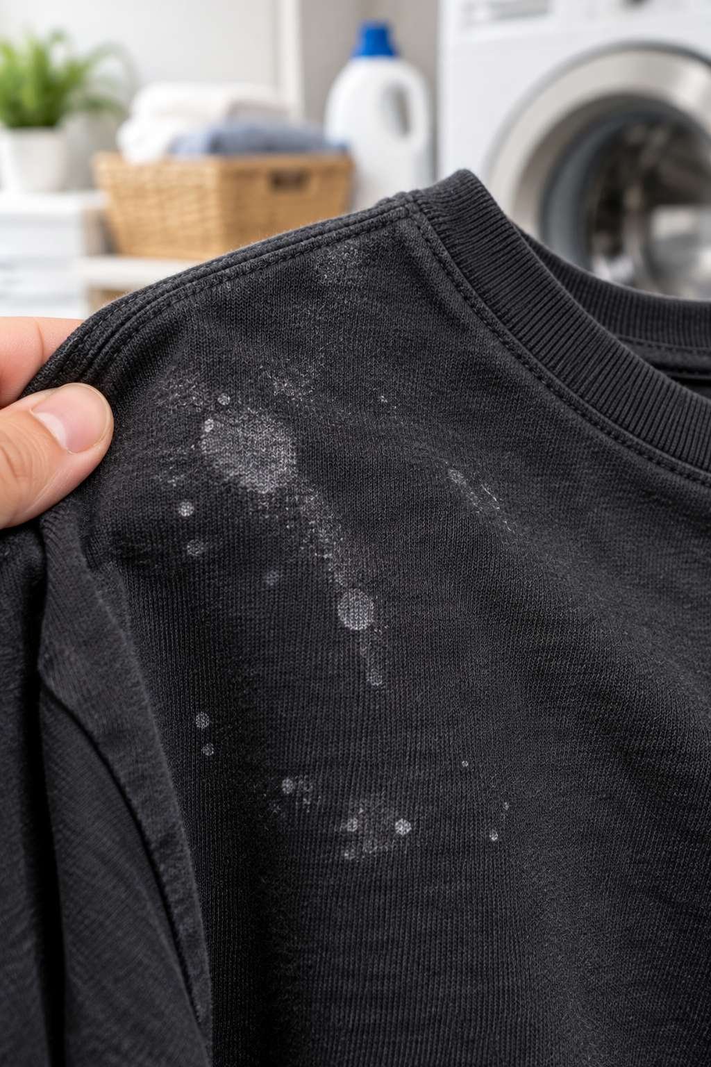 Close-up of detergent residue spots on dark fabric needing troubleshooting