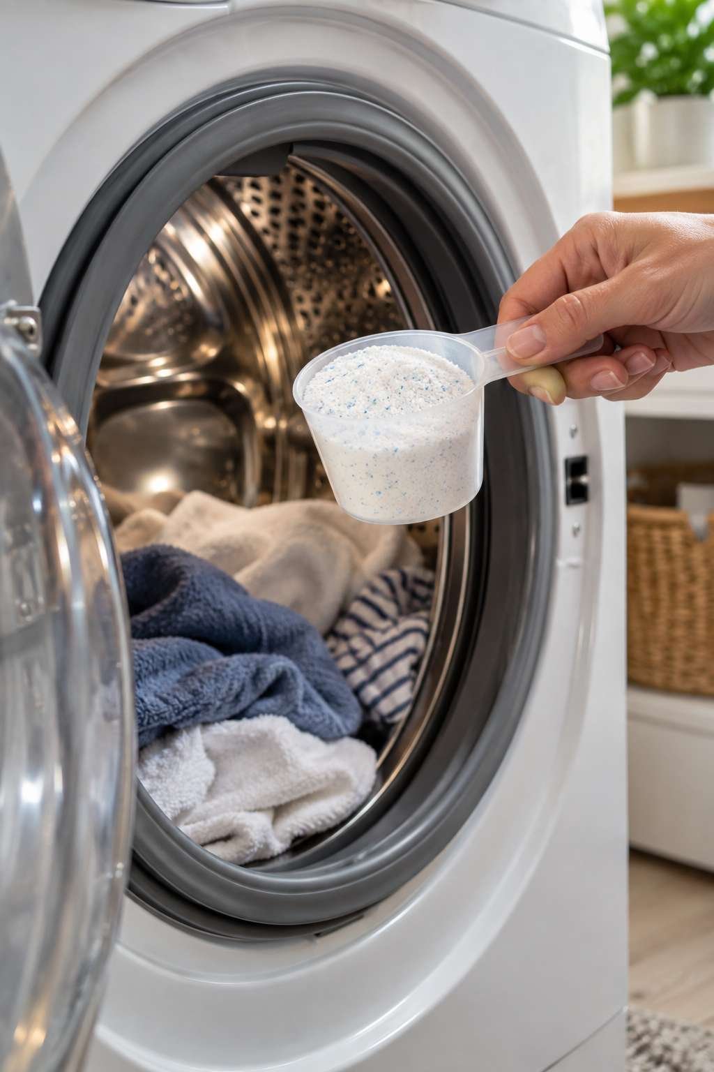 Measuring a scoop of homemade detergent for a laundry load