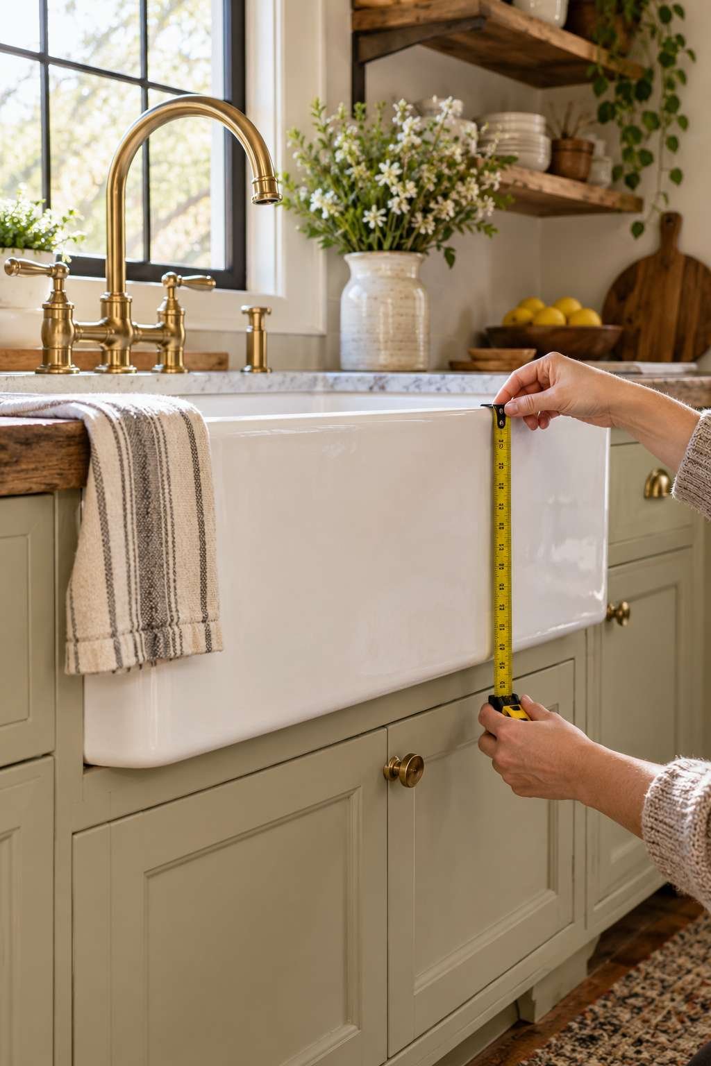 Measuring the apron panel of a farmhouse kitchen sink