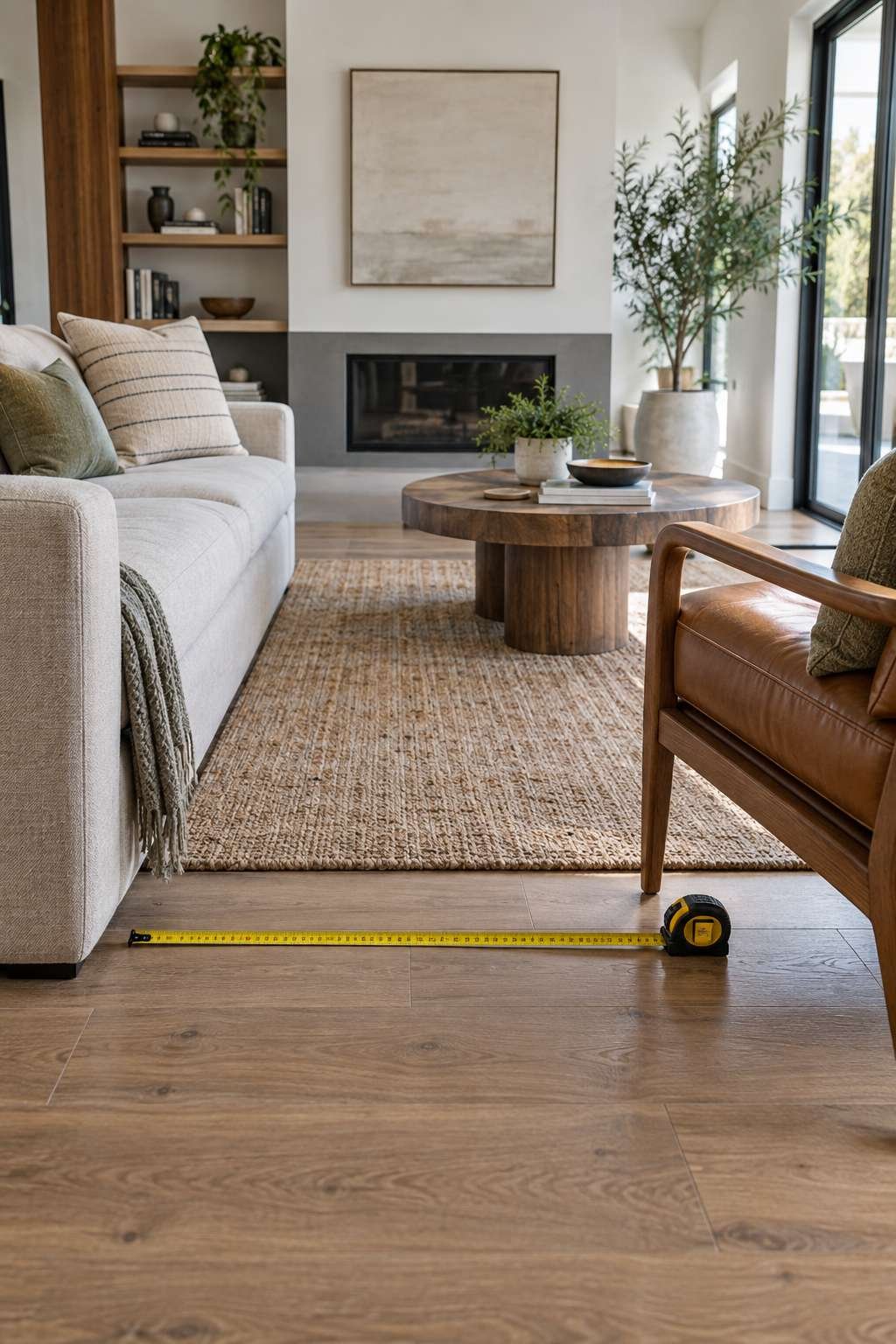 Living room furniture arranged with clear walkway clearance
