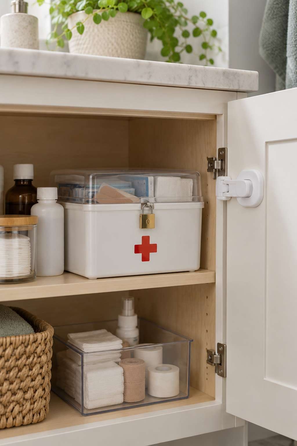 First aid kit and childproof lock stored safely in a bathroom cabinet