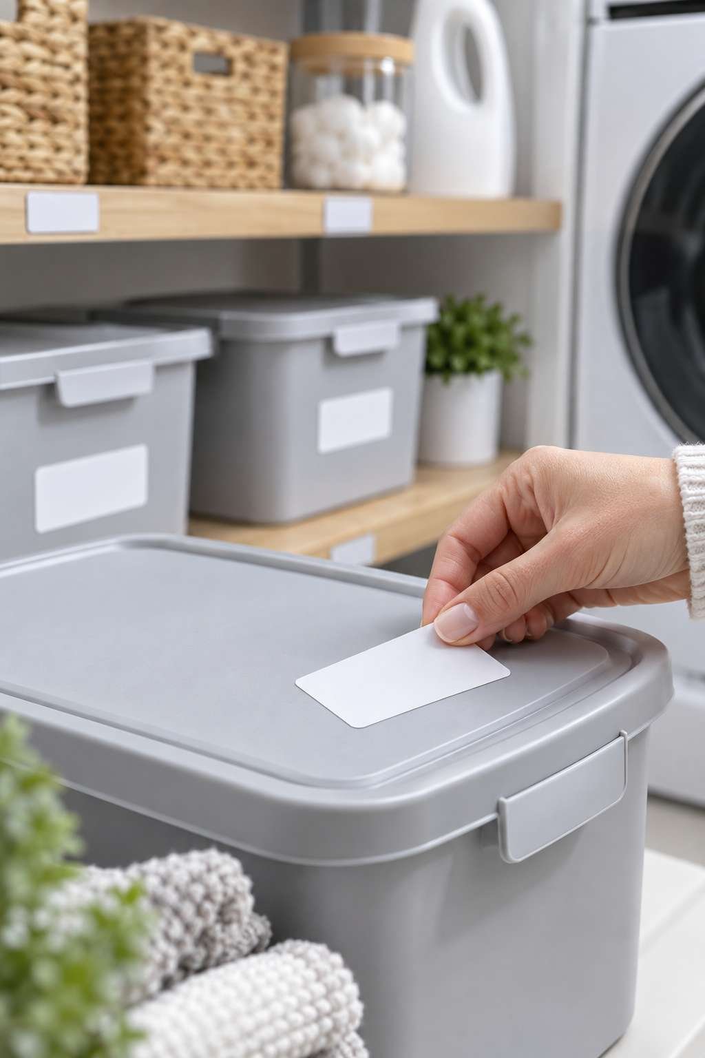 Labeling a storage bin in an organized laundry room