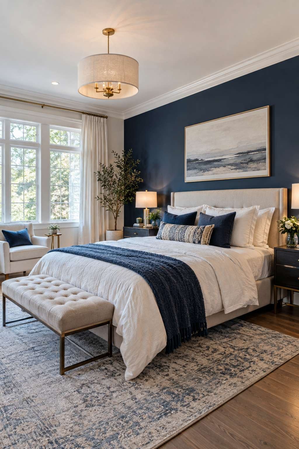 Bedroom with painted ceiling, trim, and a navy accent wall