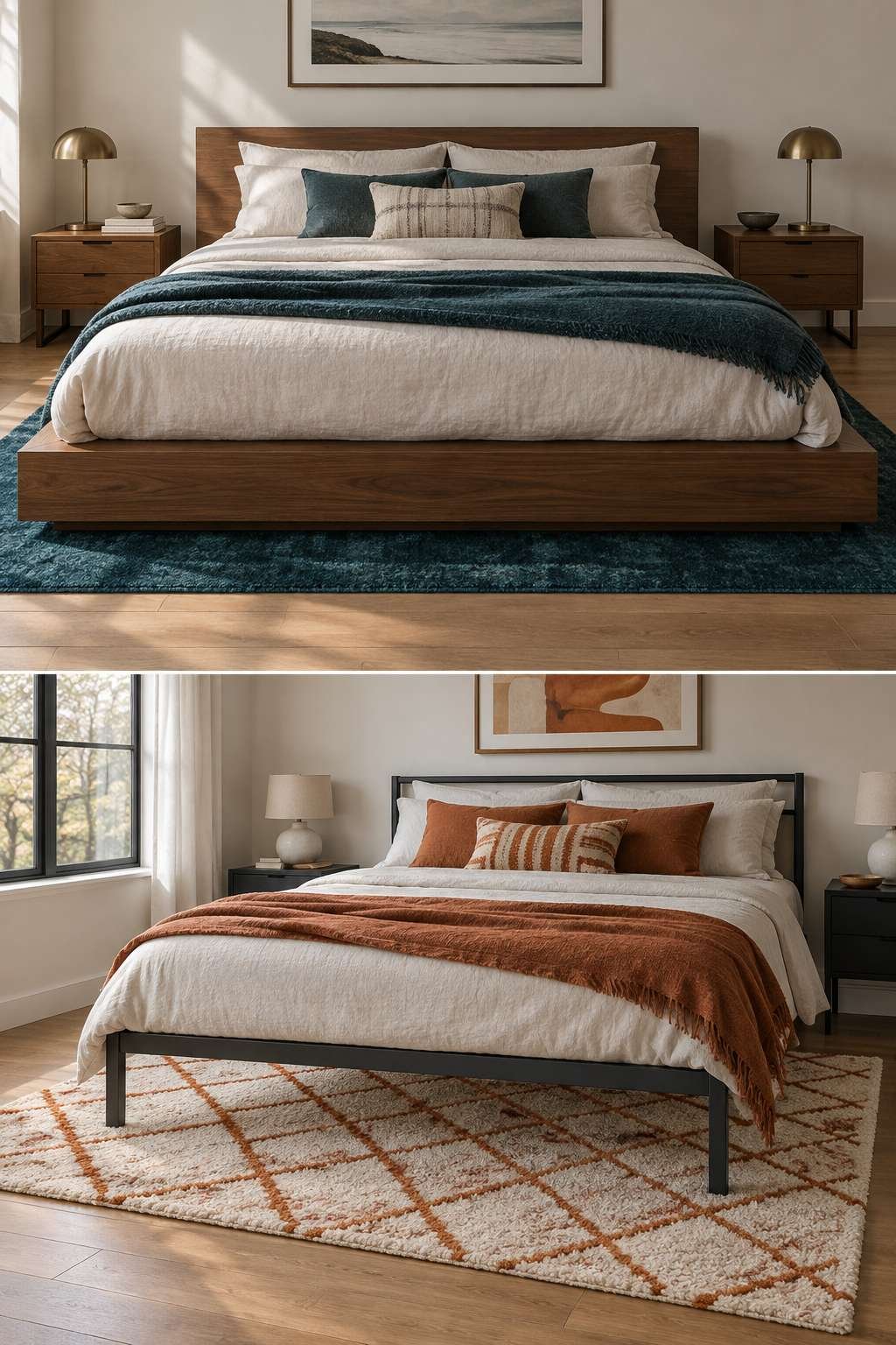 Comparison of rug visibility under a platform bed versus an open frame bed