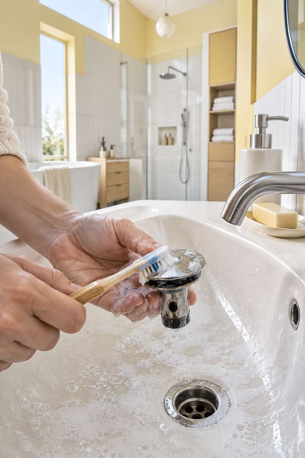 Scrubbing a bathroom sink stopper clean with a toothbrush