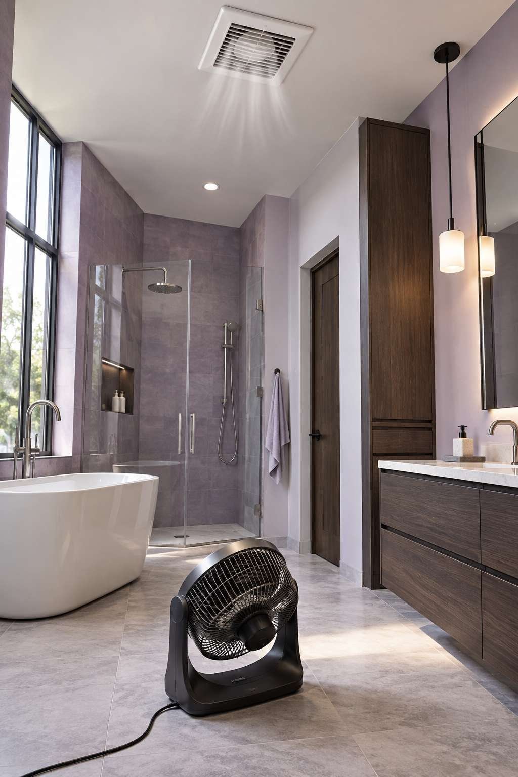 Exhaust fan and portable fan speeding up bathroom ceiling drying