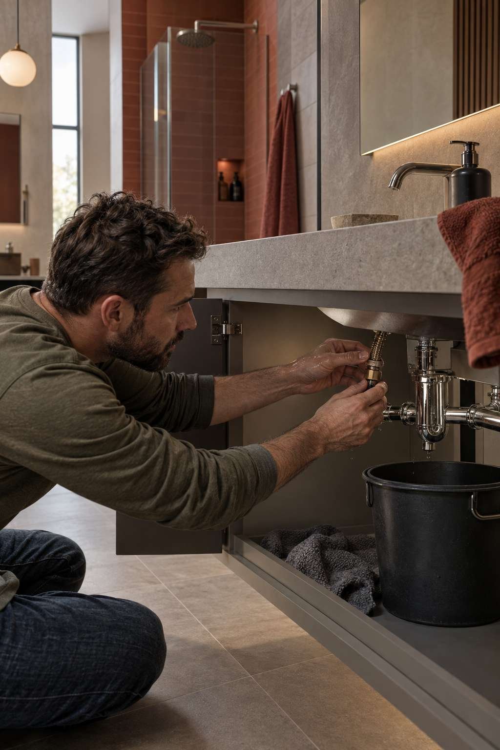 Checking bathroom faucet connections for leaks after installation