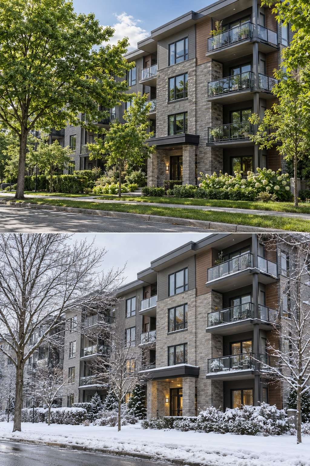 Apartment building shown in summer versus winter illustrating rent seasonality