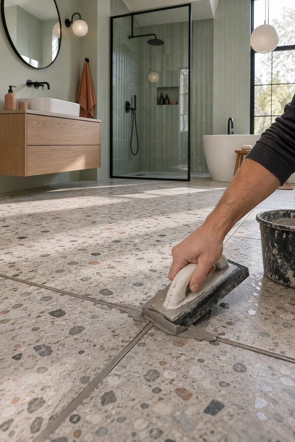 Applying grout into bathroom floor tile joints with a rubber float