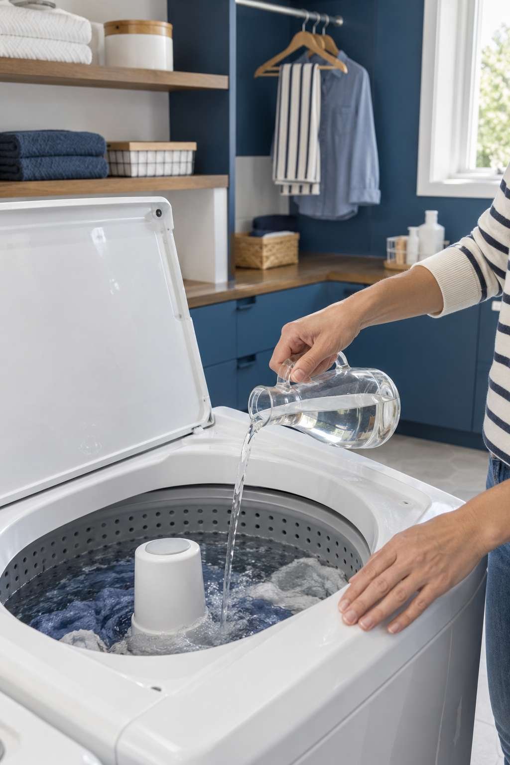 Hands adding vinegar directly into a top-load washing machine during the cycle