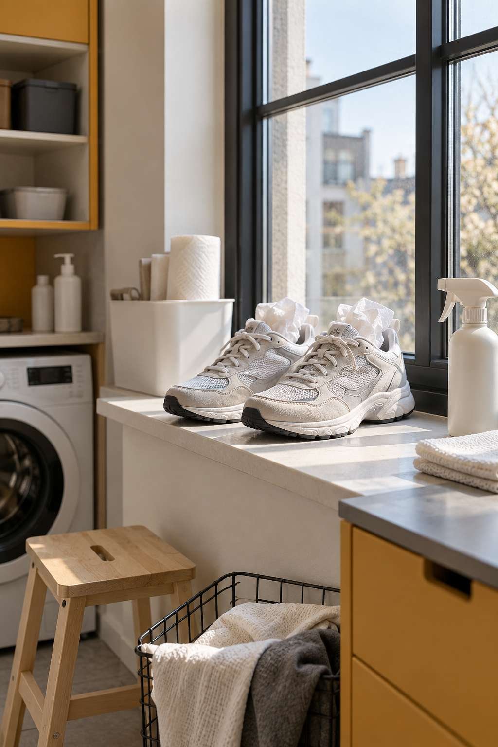 Sneakers stuffed with paper towels air drying by a window