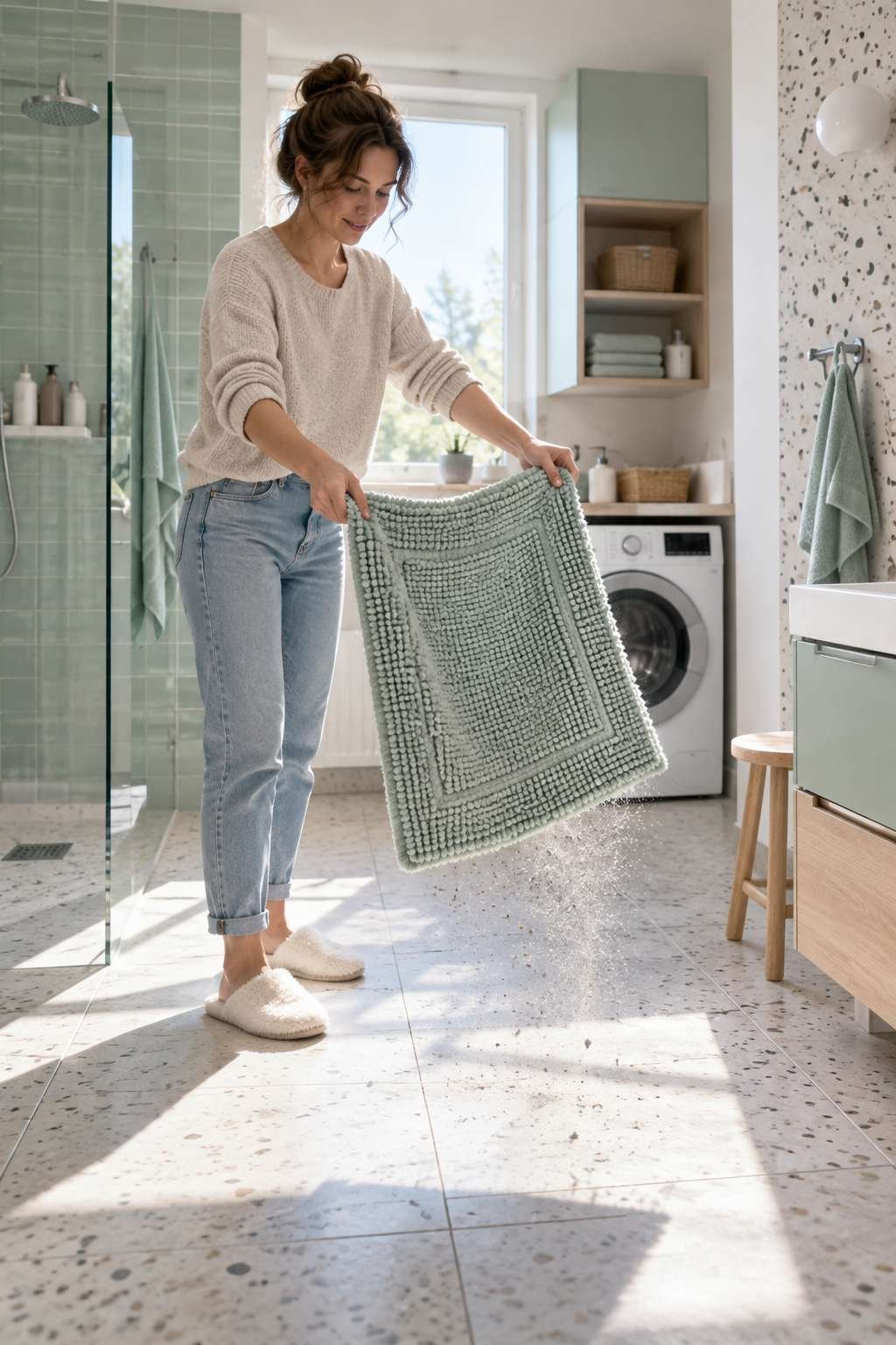Shaking out a bathroom rug before washing it in the machine