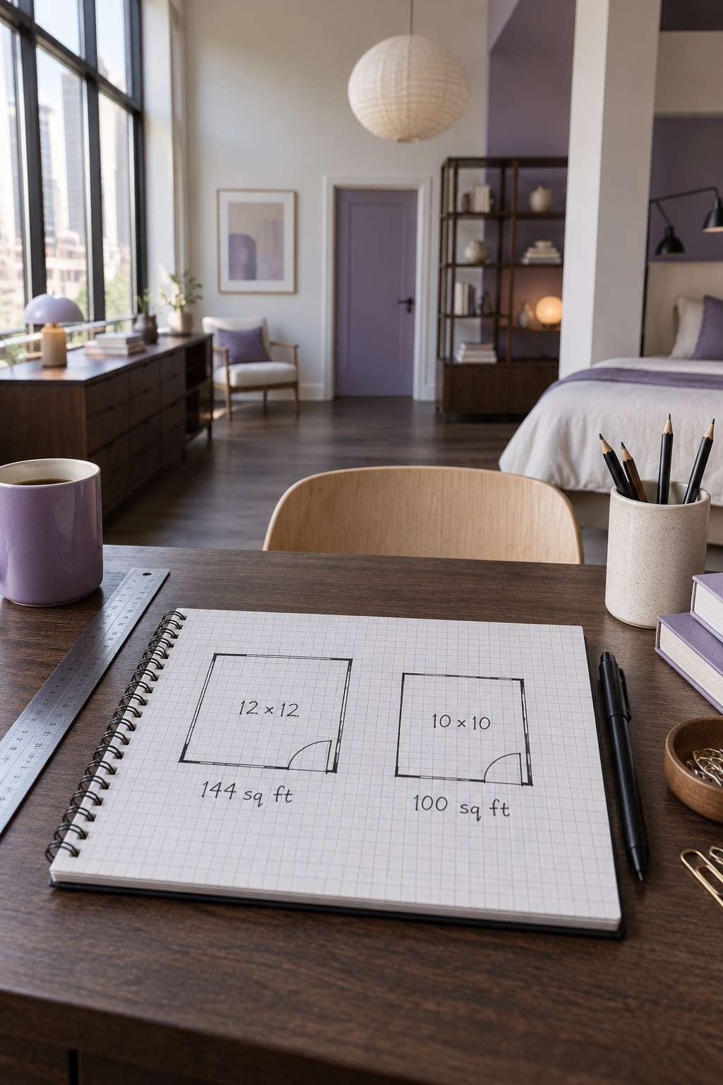 Comparison sketch of 12x12 and 10x10 room square footage
