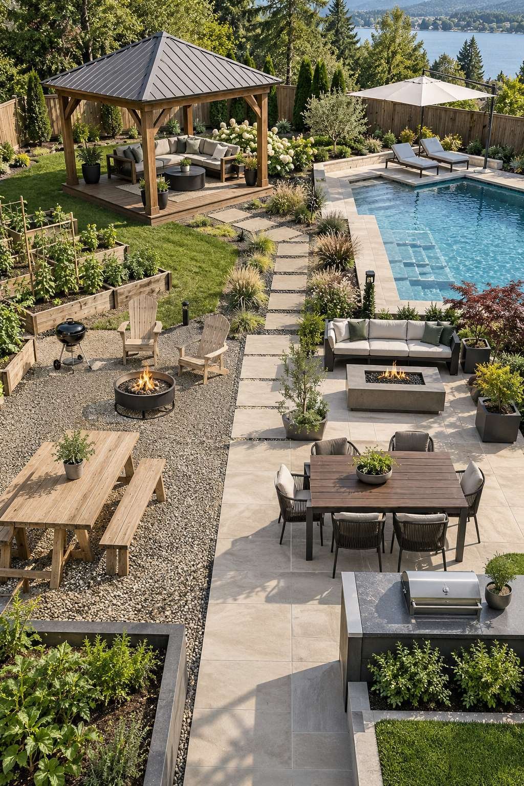 Backyard layout showing a gazebo placed near a patio, pool, and garden beds