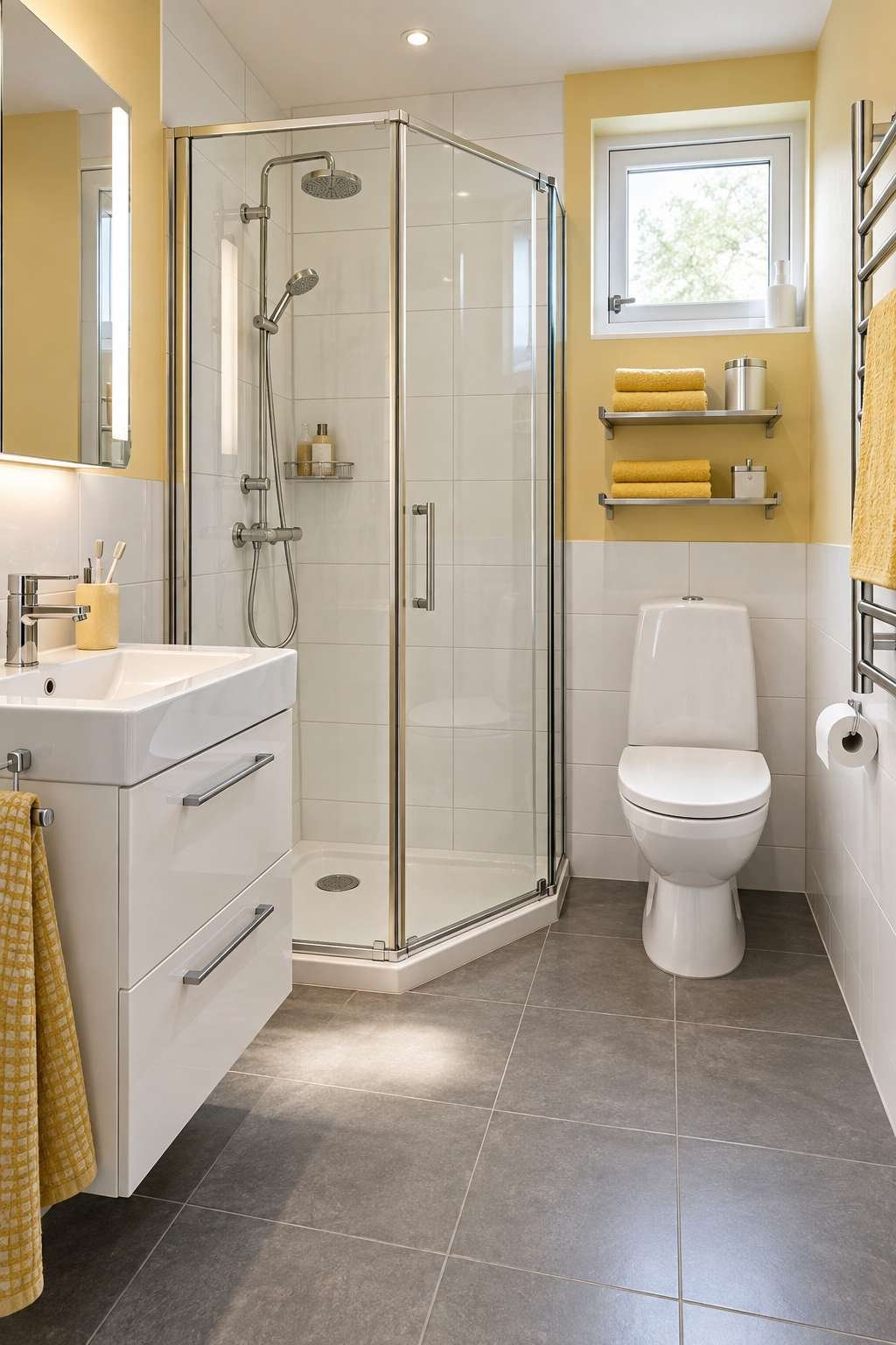 Compact 3/4 bathroom layout with corner shower and clear walking space