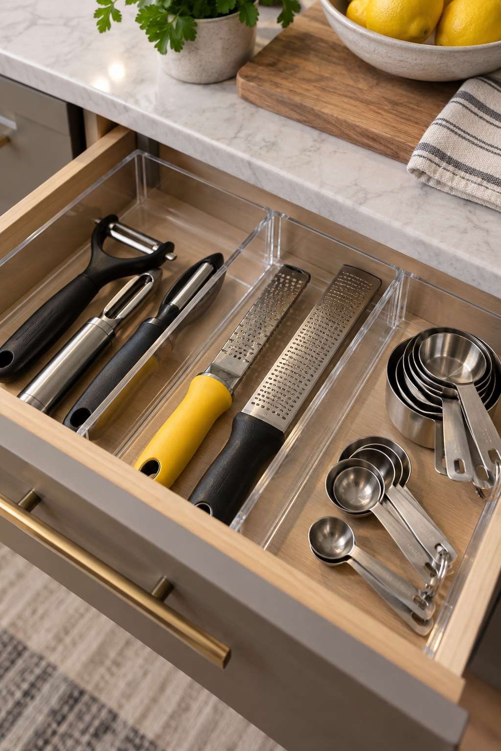 Acrylic dividers separating small kitchen tools by function in an organized drawer